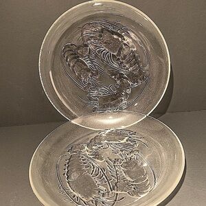 VINTAGE Pasari Set 2 Serving Dish Clear Embossed Shrimp Sea Food Frosted Glass